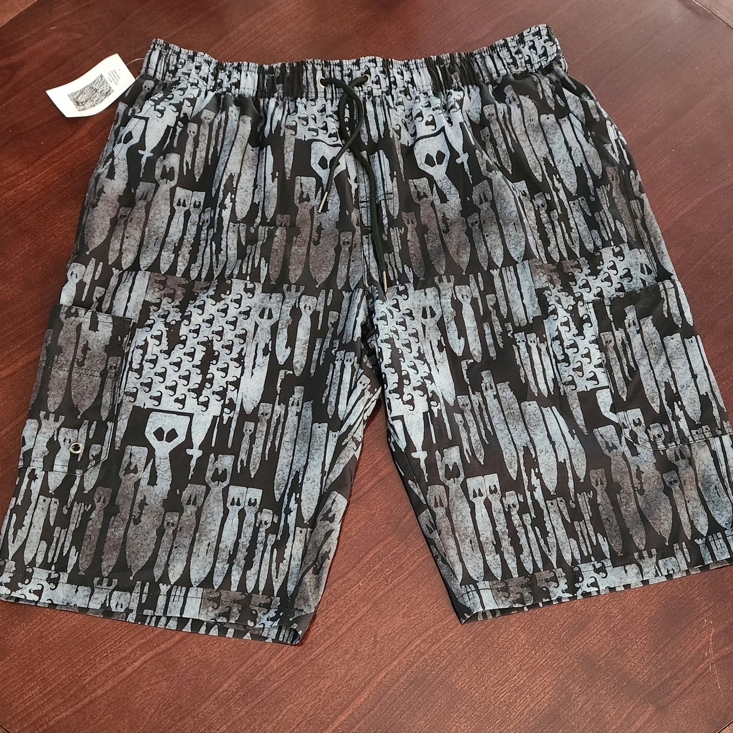 Men's Board Shorts (SAMPLE) - "EOD Bomb Flag" (Grey on Black) Big pattern