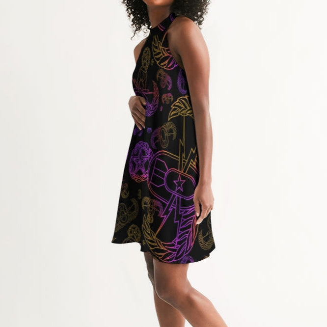 Dress (High Neck) - "EOD Mixed Badges" (Purple/Yellow on Black)