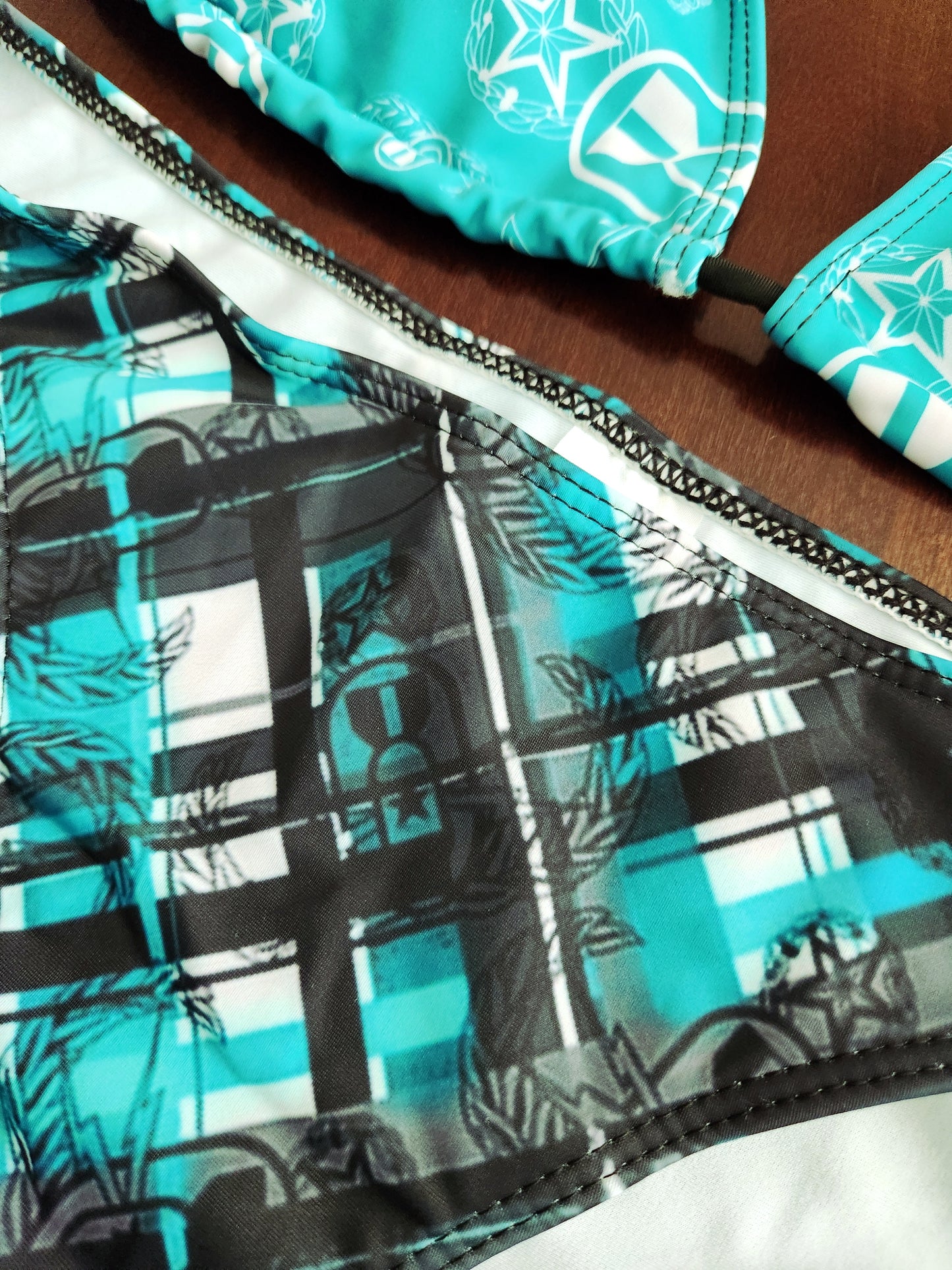 Women's String Bikini Style 3 - "EOD Diagonal Plaid" (Grey on Teal)