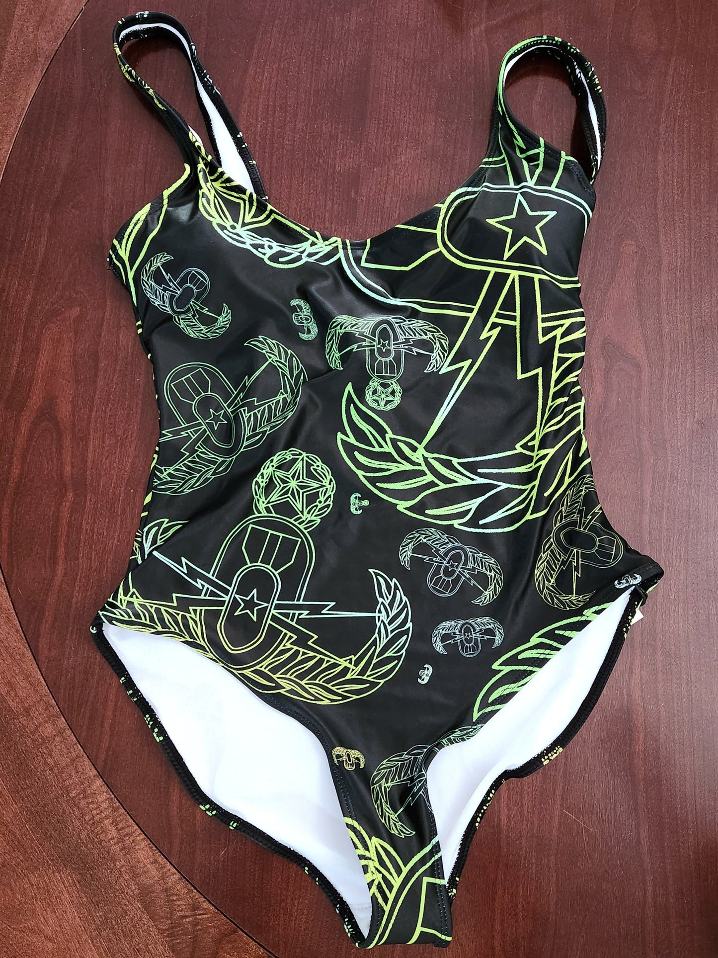 Women's One-Piece Swimsuit - "EOD Mixed Badges" (Lemon Lime on Black)