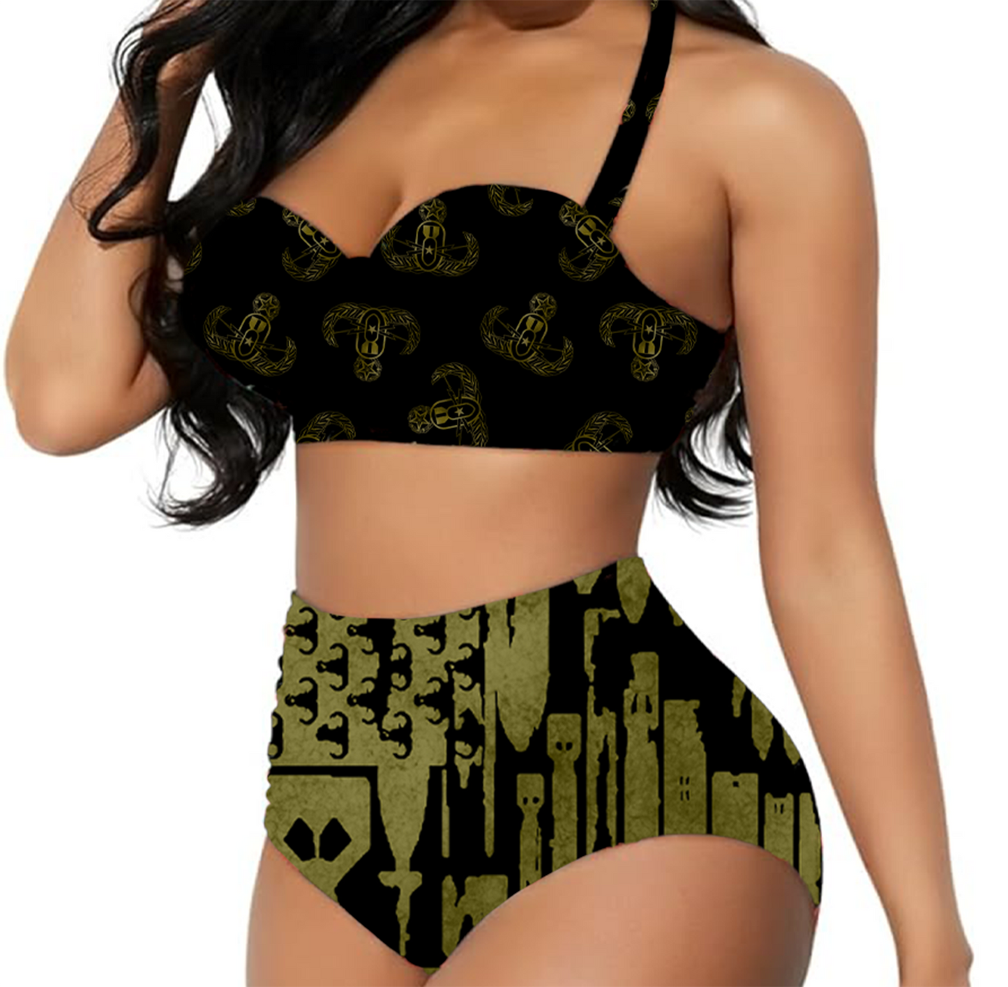 Women's Retro Halter Two-Piece - "EOD Badges & Flags" (OD Green & Black)