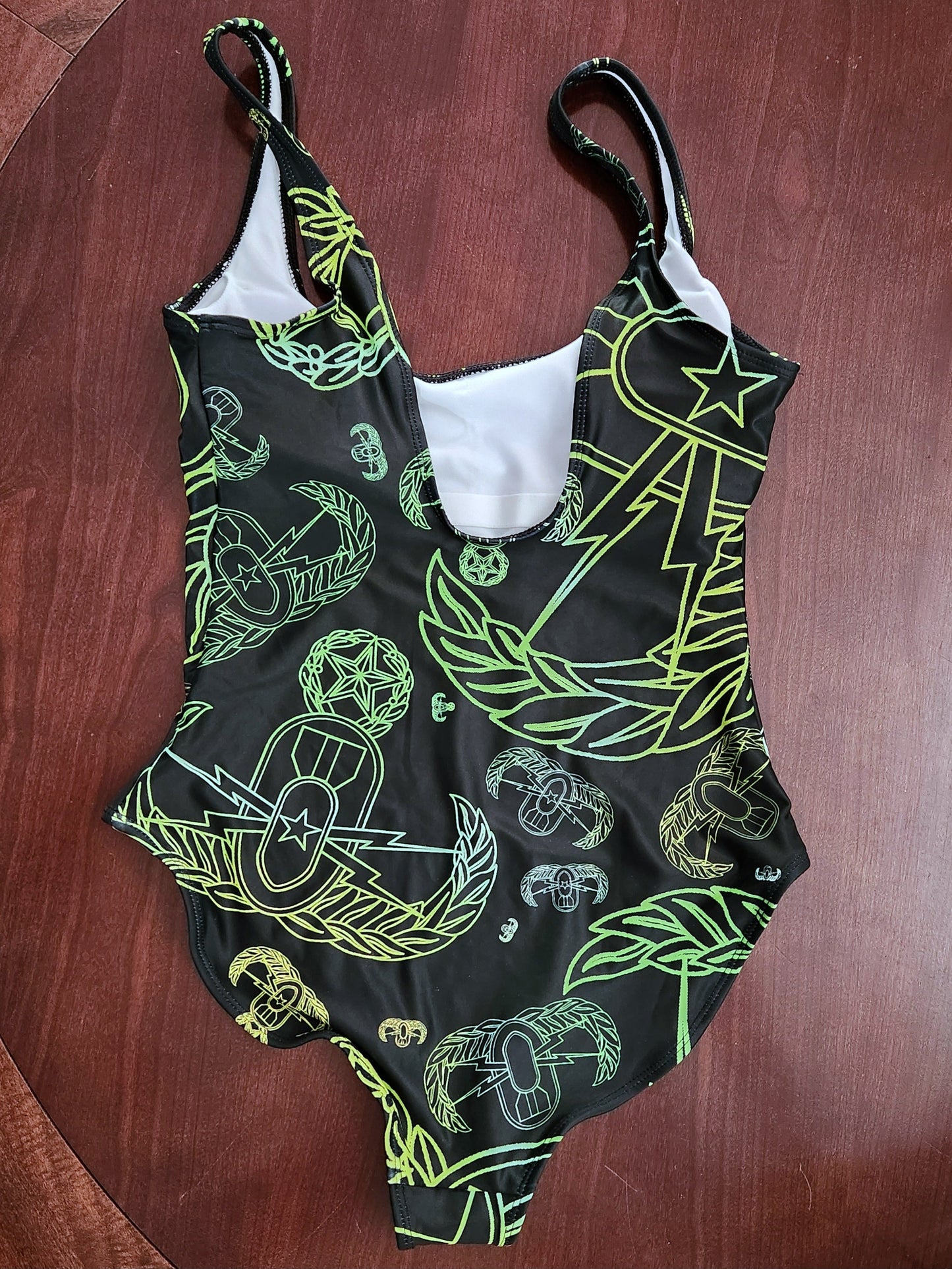 Women's One-Piece Swimsuit - "EOD Mixed Badges" (Lemon Lime on Black)