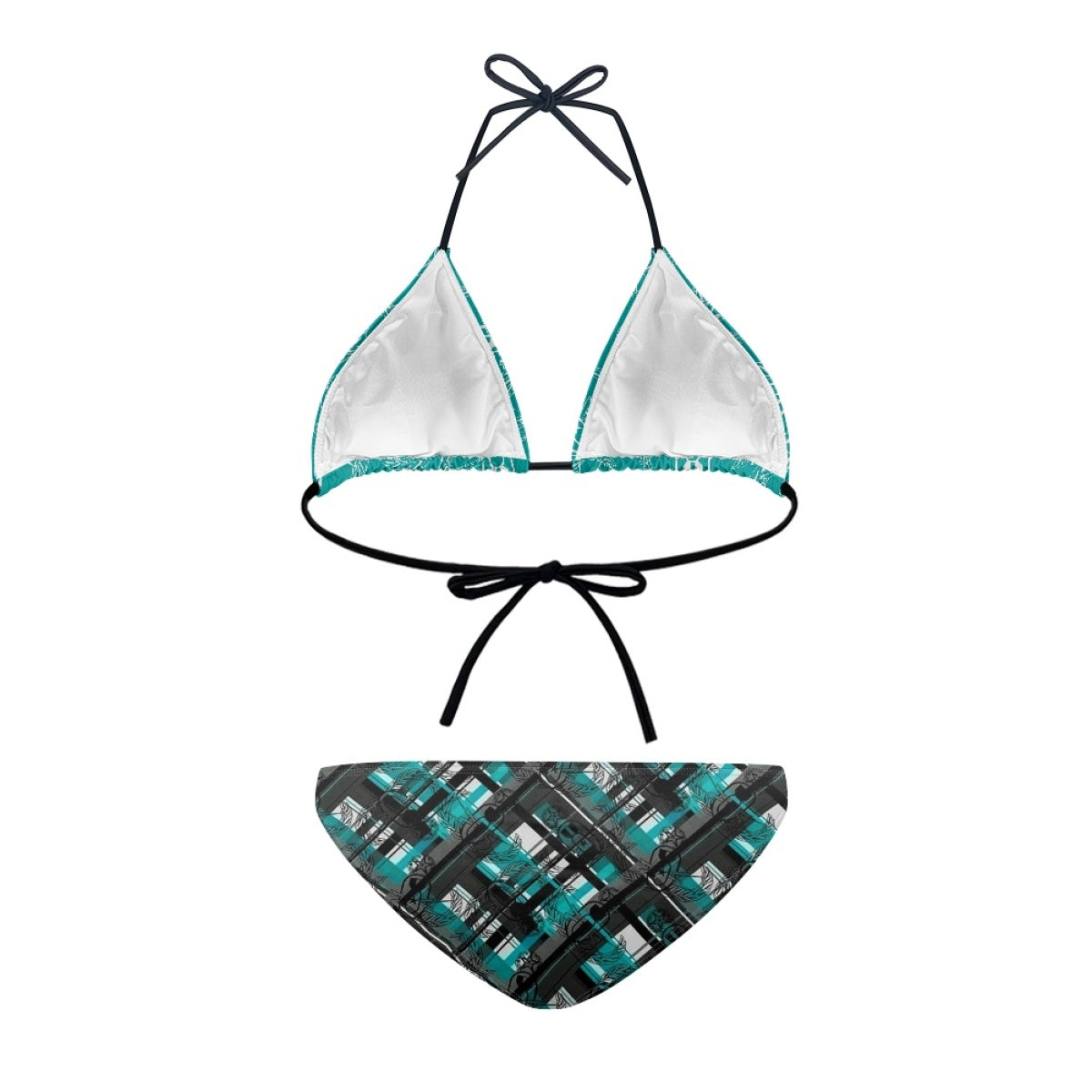 Women's String Bikini Style 3 - "EOD Diagonal Plaid" (Grey on Teal)