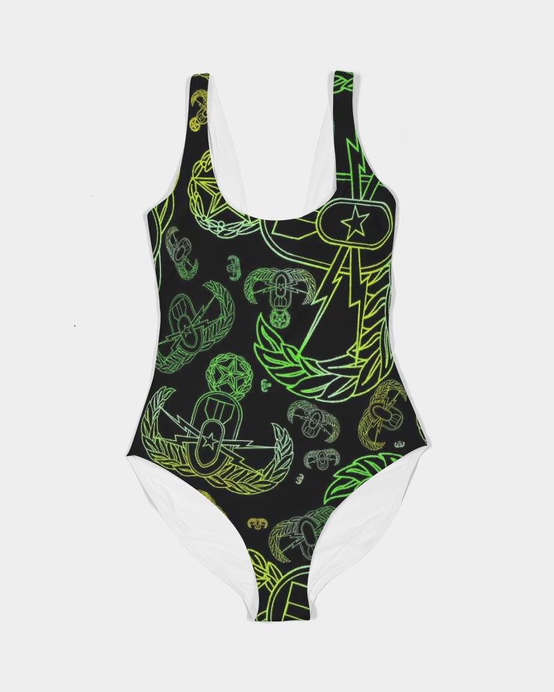Women's One-Piece Swimsuit - "EOD Mixed Badges" (Lemon Lime on Black)