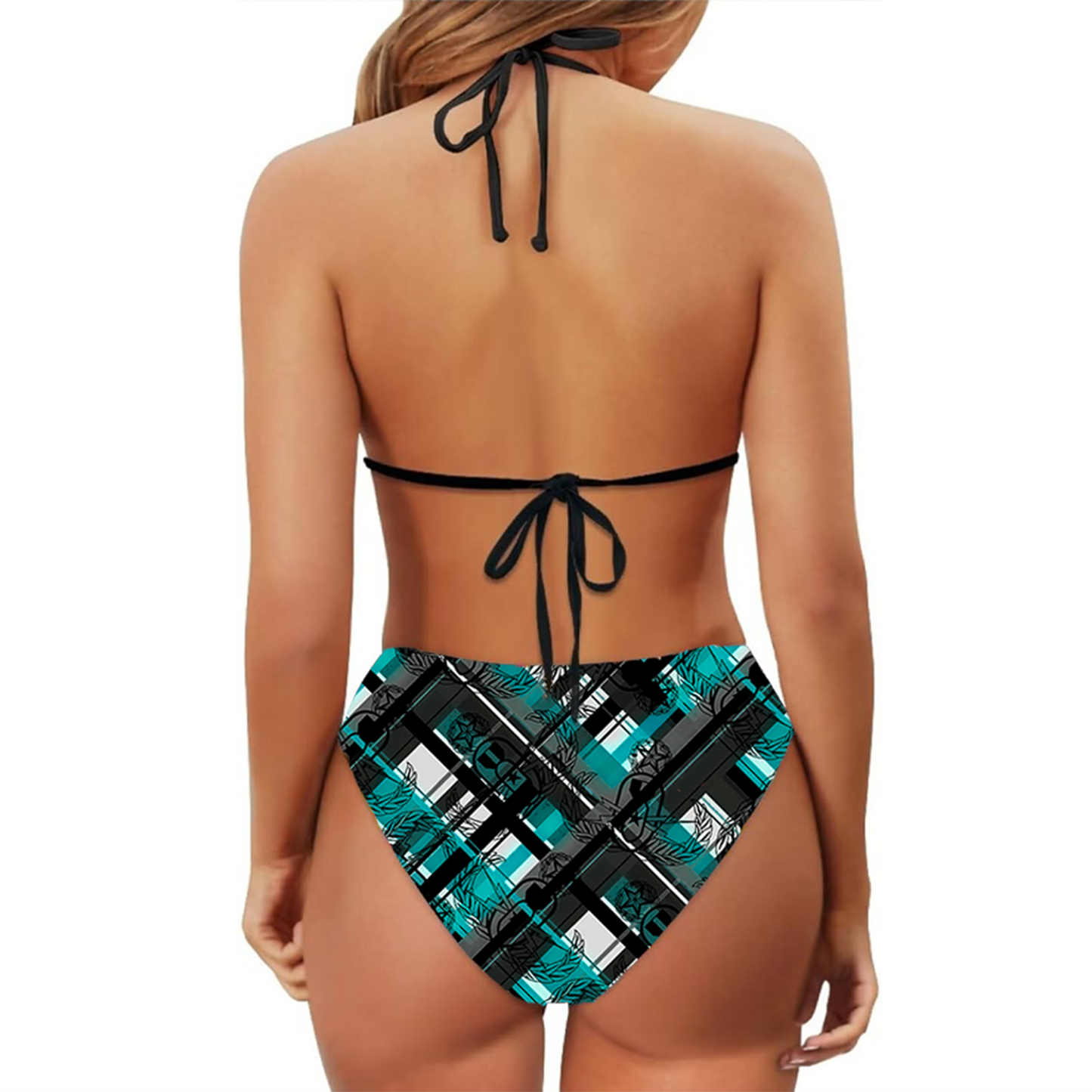 Women's String Bikini Style 3 - "EOD Diagonal Plaid" (Grey on Teal)