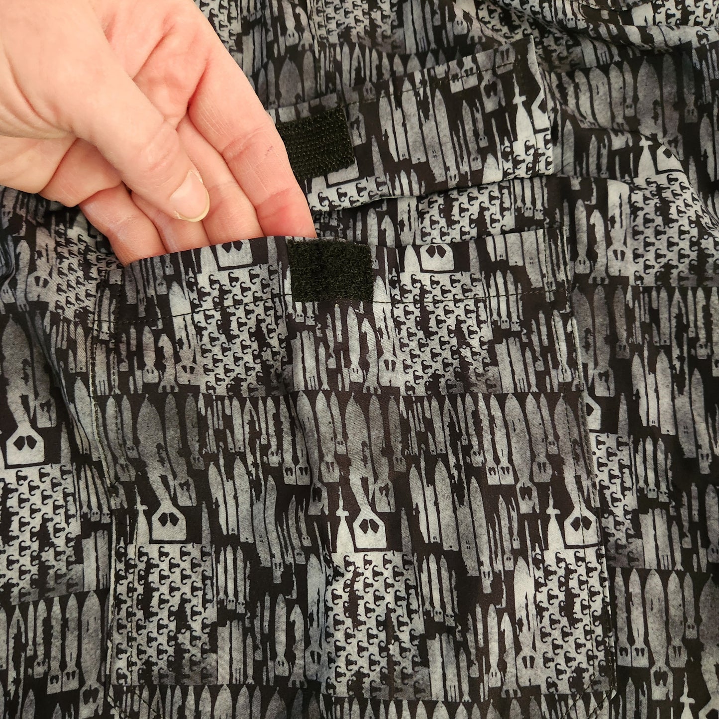 Men's Board Shorts (SAMPLE) - "EOD Bomb Flag" (Grey on Black) Small pattern