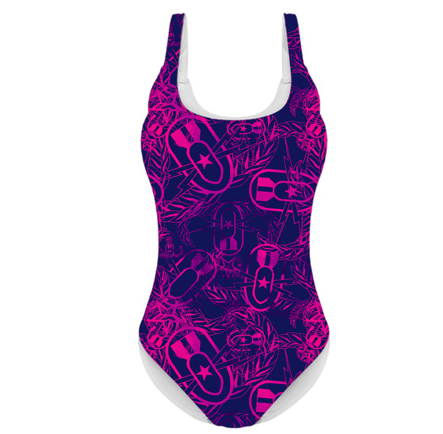 Women's One-Piece Swimsuit - "It's 5 o'clock Somewhere" (Pink on Purple)