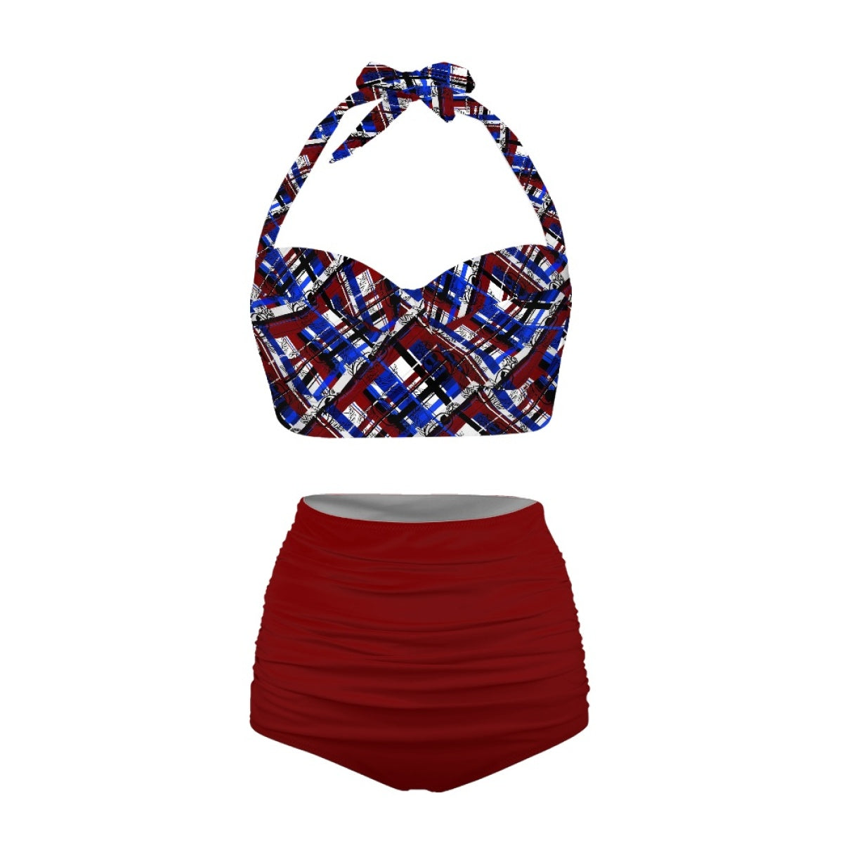 Women's Retro Halter Two-Piece - "EOD Diagonal Plaid" (Red, White, & Blue)