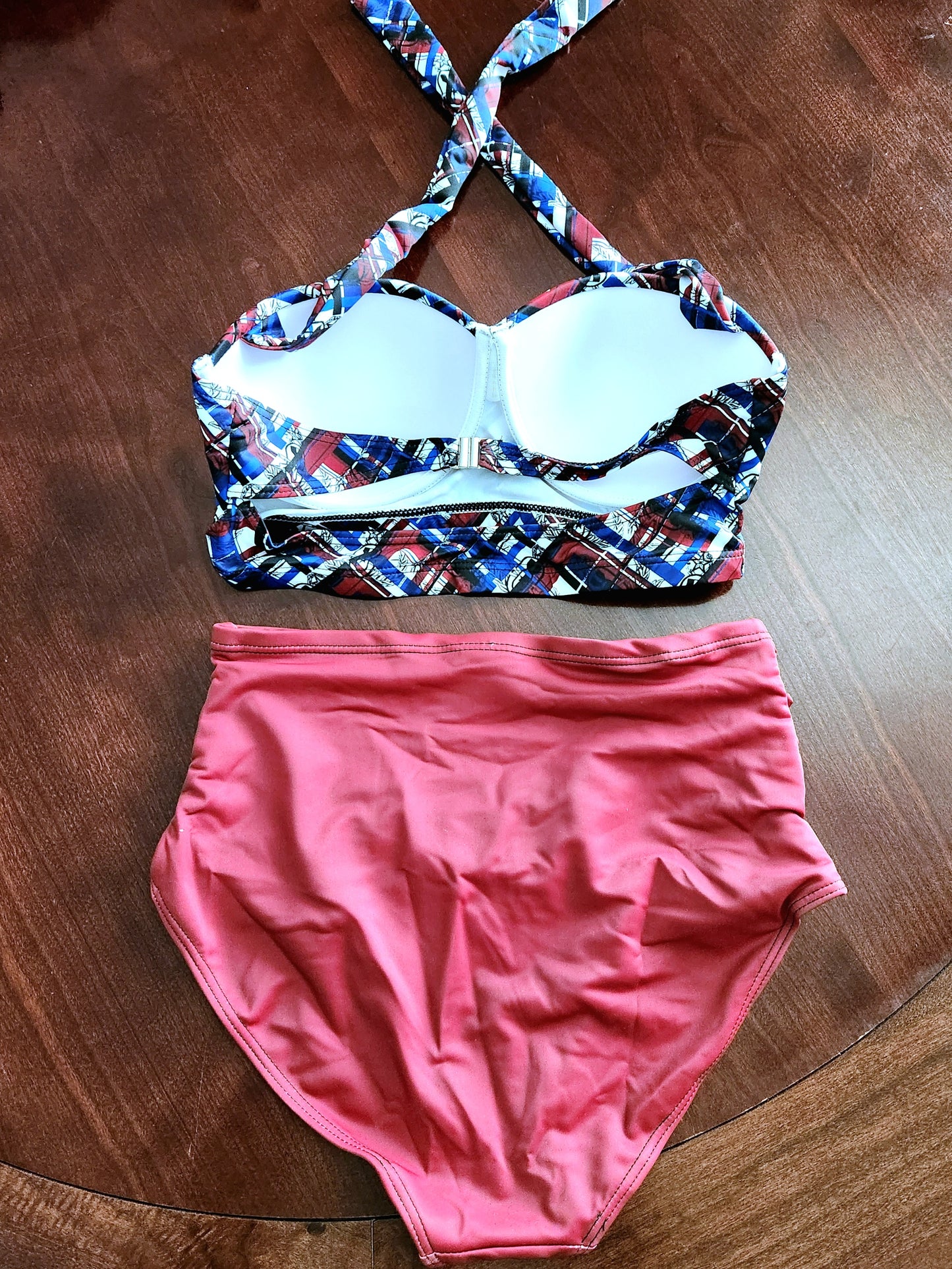 Women's Retro Halter Two-Piece - "EOD Diagonal Plaid" (Red, White, & Blue)