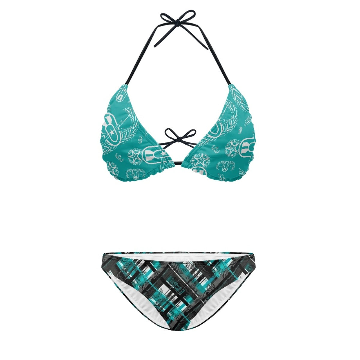 Women's String Bikini Style 3 - "EOD Diagonal Plaid" (Grey on Teal)