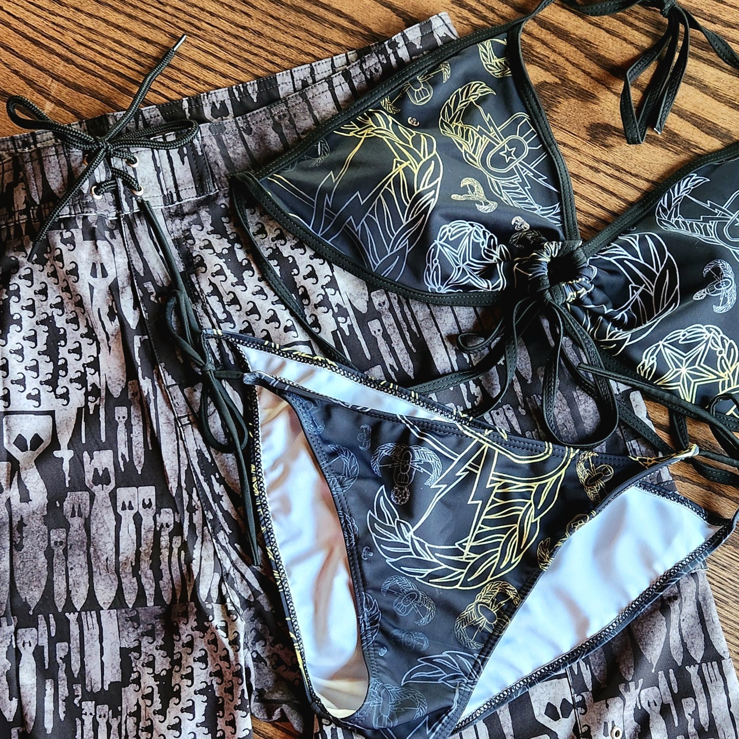 Women's Keyhole String Bikini - "EOD Mixed Badges" (Faded Yellow)