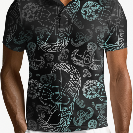 Polo Shirt - "EOD Mixed Badges" (Faded Turquoise on Black)