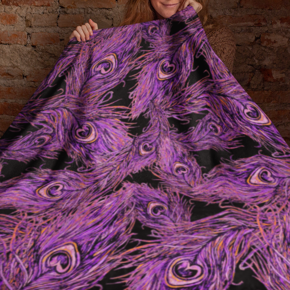 Pre-Order "Peacock Feathers" Plush Throw Blanket (Purple)